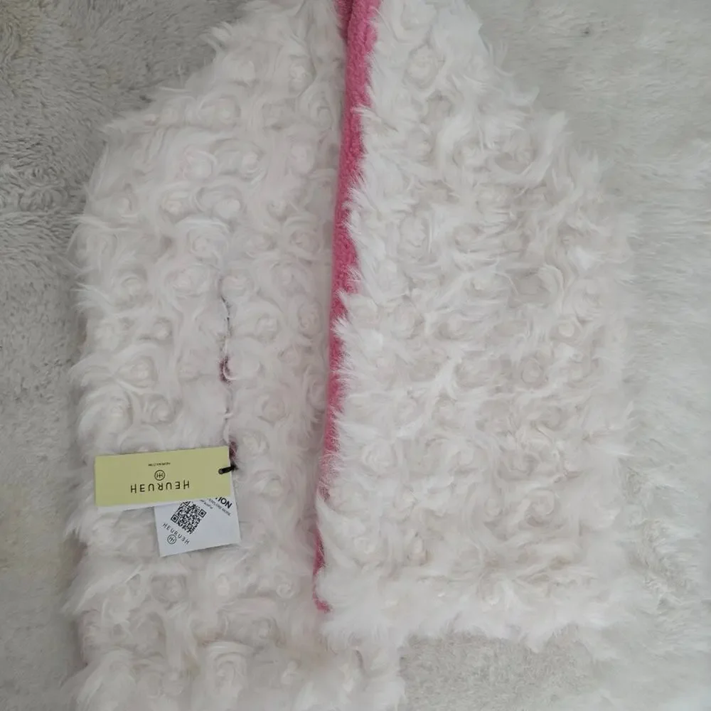 HEURUEH Faux Fur Hybrid Pull Through Scarf Pink Cream Fleece Luxe Winter OS